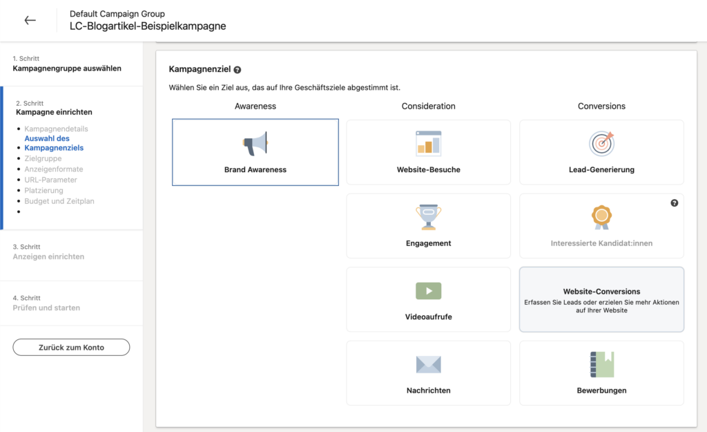 Übersicht der Kampagnenzielen, beim LinkedIn Ads Erstellen