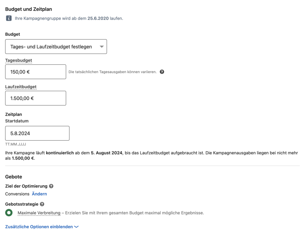 Beim Erstellen einer LinkedIn-Ads-Kampagne kannst Du ein Laufzeitbudget, ein Tagesbudget oder beides vergeben. So hast Du die volle Kostenkontrolle.