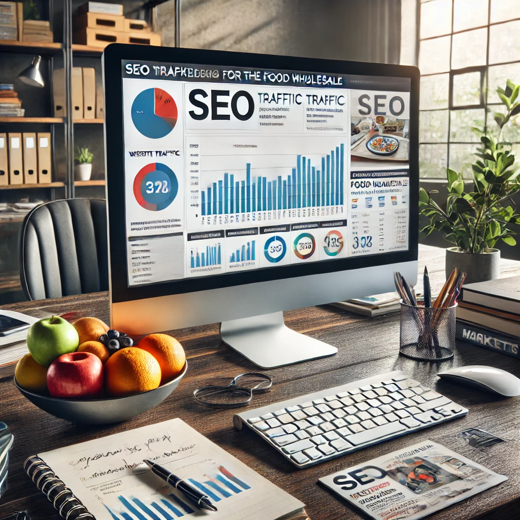 Digitaler Marketing-Arbeitsplatz für den Lebensmittelgroßhandel mit SEO-Diagrammen auf dem Monitor und branchenspezifischen Gegenständen wie frischem Obst und Fachzeitschriften auf dem Schreibtisch